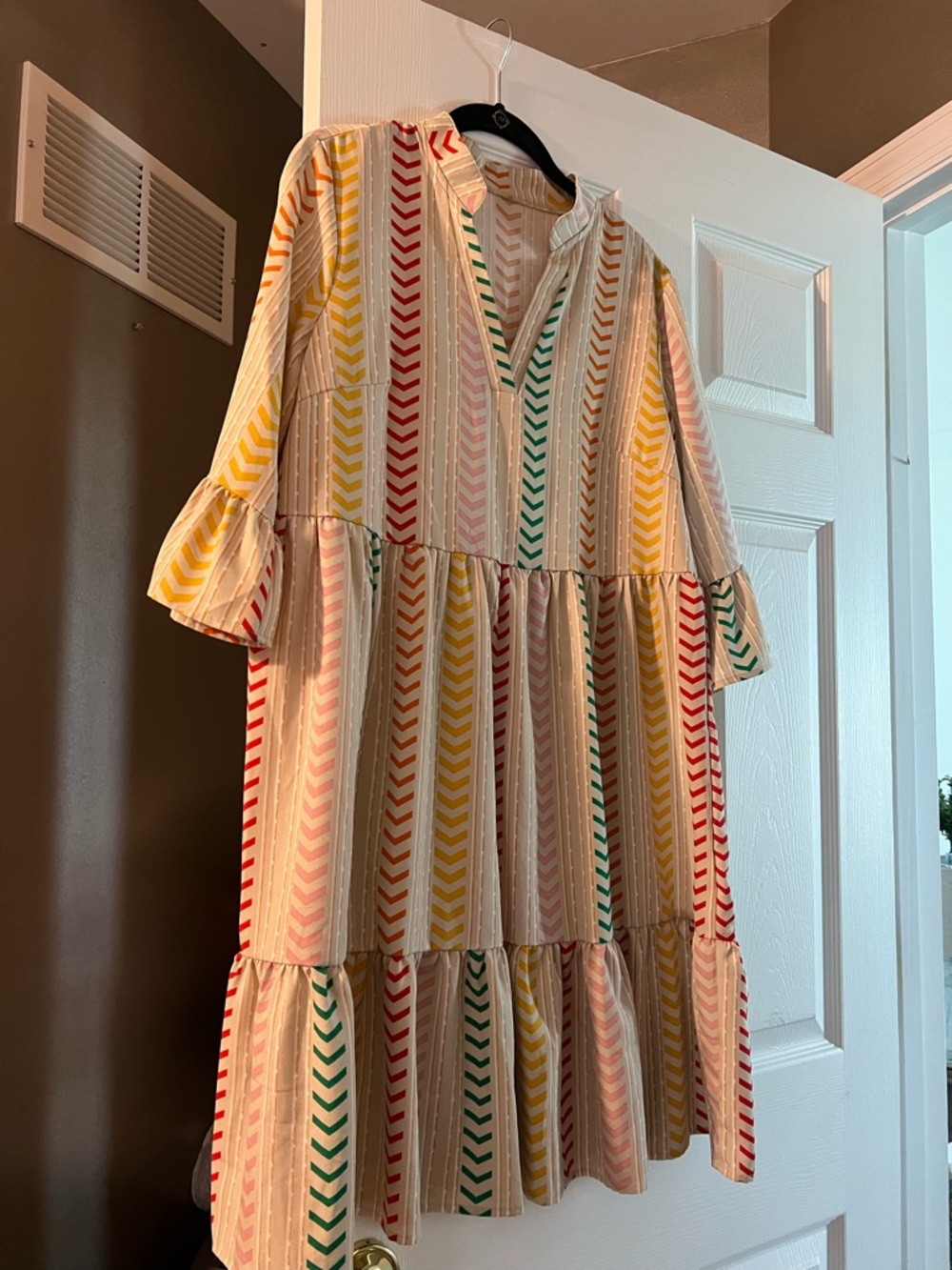 Striped Tiered Smock Dress in Cream with Red, Yellow, Green & Pink Accents